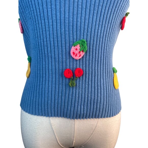 ZARA Blue Medium Ribbed Knit Fruit Embroidered Sleeveless V Neckline Camisole - Picture 7 of 10